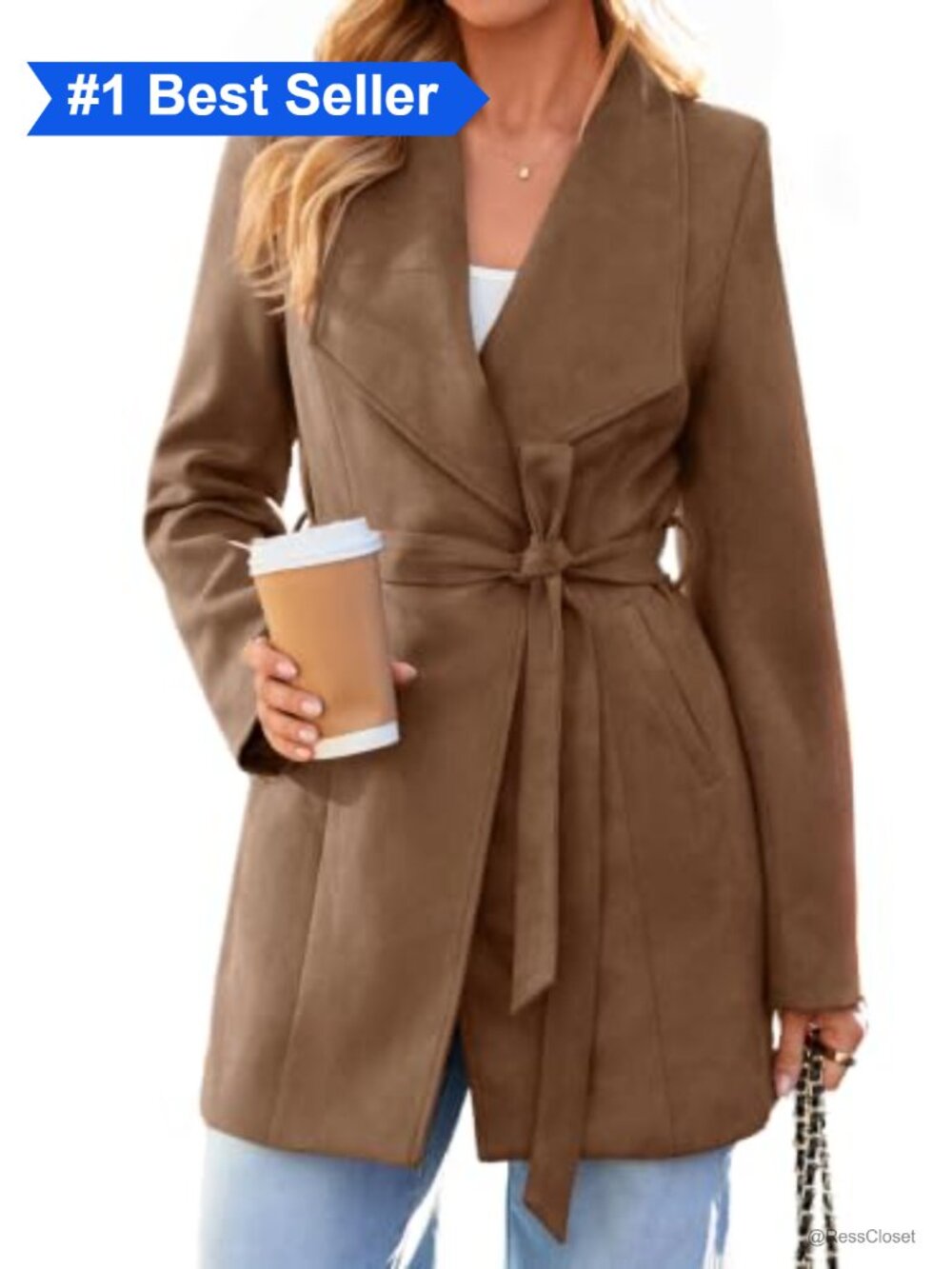 Faux Suede Trench Coat Open Front Belted Tie Waist Fall Outwear